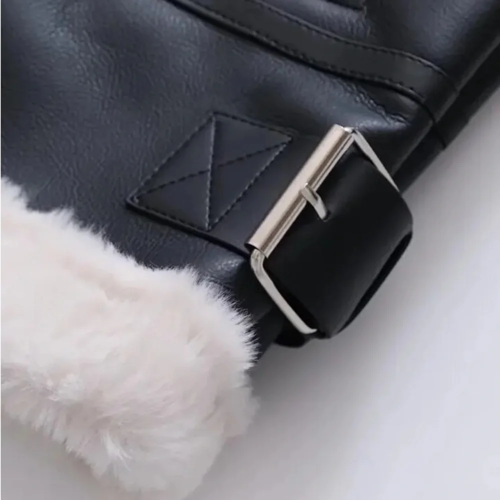 81 moto jacket faux leather faux fur zip up black coat jacket - Picture 10 of 13